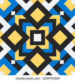 bright motley geometric ornament of squares, rhombuses and polygons based on traditional Ukrainian embroidery. white-blue-yellow-black seamless pattern. vector
