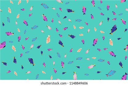 Bright motley pattern seamless from a variety of different colorful purple sea fish in the water of a waterfowl in a sea aquarium with fins. Vector illustration.