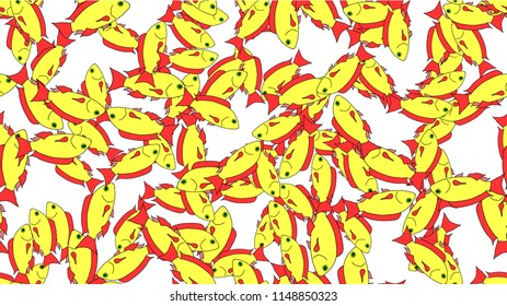 Bright motley pattern seamless from a variety of yellow sea fish in water of a waterfowl with red fins. Vector illustration.