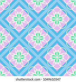 Bright, motley pattern of white flowers and pink and blue squares. Seamless pattern vector illustration. Floral pattern.