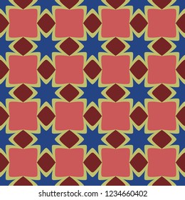 Bright, motley seamless pattern of simple geometric colored shapes, squares, rhombuses and stars. Vector illustration.