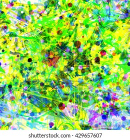 Bright mottled texture. Yellow, green, purple and blue. Scratches, ovals, circles, shapeless spots, thin straight lines. Overlap, intersection, transparency. Randomly mixed. Seamless pattern.