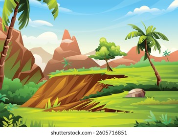 Bright mountain landscape with cliffs, palm trees, and grass. Vector cartoon illustration