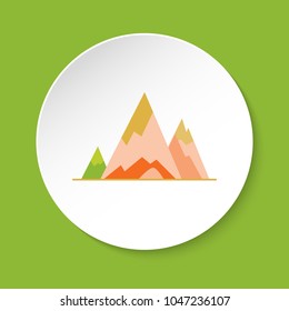 Bright mountain peaks icon in flat style. Sharp rocks symbol isolated on round button