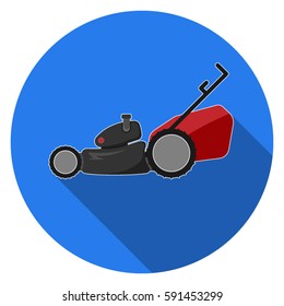 Bright mower on a blue background. Mower vector icon.