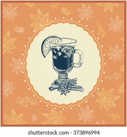 Bright mulled wine illustration with seasoning ingredient background