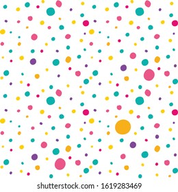 Bright multi colored polka dot pattern vector seamless background. Different jagged circles randomly arranged isolated on white.