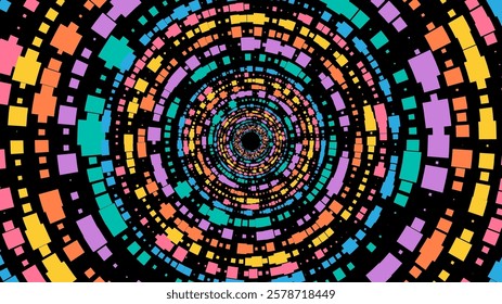 Bright multi colored tunnel of neon mosaic tiles receding into outer space. Galaxy tunnel wormhole in middle of black abyss. Abstract futuristic banner made of bright mosaic on black background