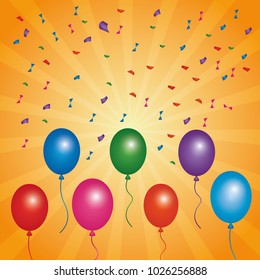 bright multicolor balloons flying confetti and yellow background