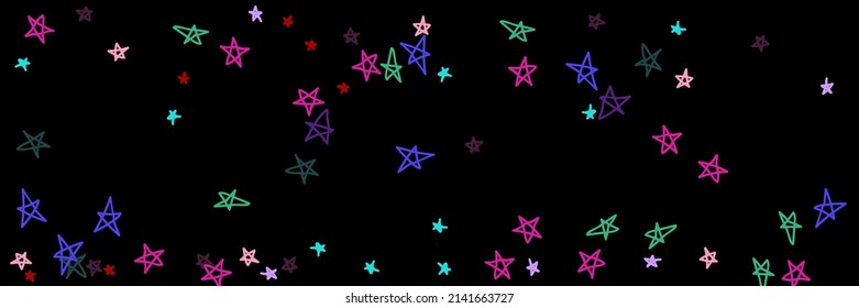 Bright Multicolor Chaotic Bordo Violet Colorful Naive Vivid Sky Background. Vibrant Childish Kids Pink Lavender Dark Red Handdrawn Stars. Mint Night Pastel Stars Purple Black Green Background.