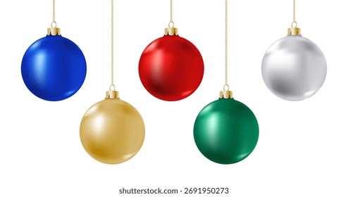 Bolas multicolores brillantes de la Navidad fijadas aisladas en el fondo blanco. Bola 3D de vibrante color azul, rojo, verde y dorado puro colgando de una cadena. Vector Clipart, decoración realista del año Nuevo.