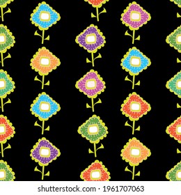 Bright multicolor doodle flower abstract vector art repeat pattern arranged in columns on a striking black backdrop
