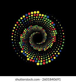 Bright multicolor dots forming a spiral vortex on black background, creating dynamic visual effect