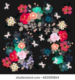 Bright multicolor floral pattern with bouquets of beautiful flowers and butterflies on black background. 