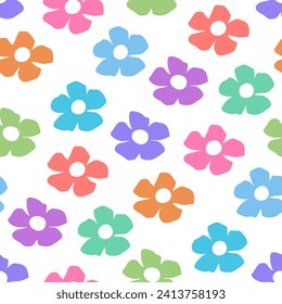Bright multicolor floral print for children's clothing, dresses, textiles, bed linen, infant knitwear. Baby seamless pattern with simple flowers on white background. Abstract summer spring ornament.