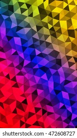 Bright multicolor geometric background of colored triangles. Gradient of red, purple blue, green, yellow color. Origami. Vector illustration. Polygonal patterns for your presentations, business 