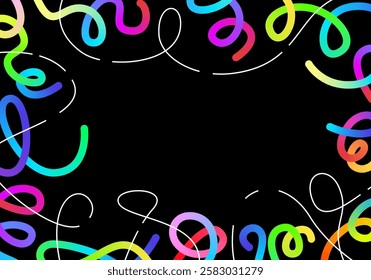 Bright Multicolor Gradient Lines on a Dark Background. Colorful Vivid Curve Design Frame. Celebration Background with Swirl Spiral Pattern in Graffiti Style