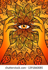 bright multi-color illustration with an unusual pattern in the form of a floral ornament with an all-seeing eye, a magical plot