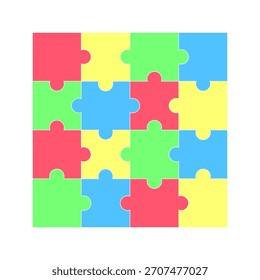 Bright multicolor jigsaw puzzle pattern with yellow, red, blue, and green pieces arranged neatly, perfect for themes of education, kids learning, teamwork, creativity, and problem solving.