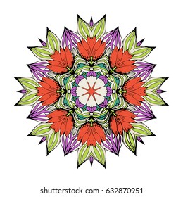 Bright multicolor mandala isolated on white background.  Hand-drawn illustration. Vector.