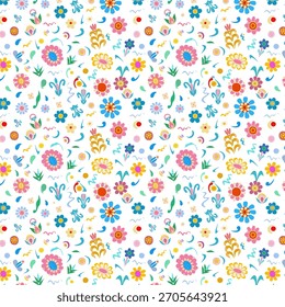 Padrão multicolorido brilhante com flores e folhas abstratas para têxteis e papel de embrulho