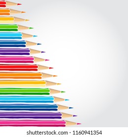 Bright multicolor pencils border isolated over white. Art stationery hand drawn vector illustration blank frame. 