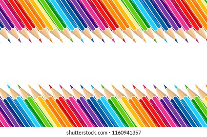 Bright multicolor pencils border isolated over white. Art stationery hand drawn vector illustration blank frame. 