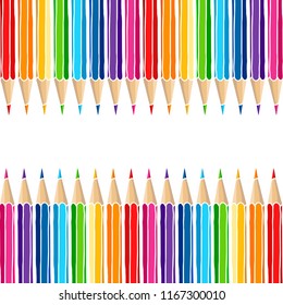 Bright multicolor pencils square border isolated over white. Art stationery hand drawn vector illustration blank frame. 
