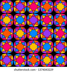 bright multicolor polygons with smooth edges on a black background. geometric seamless pattern. vector