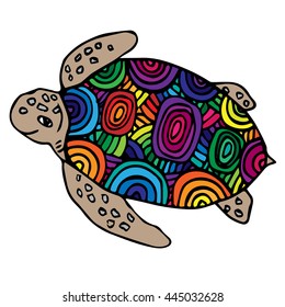 Bright multicolor sea turtle drawn in line art style isolated on the white background