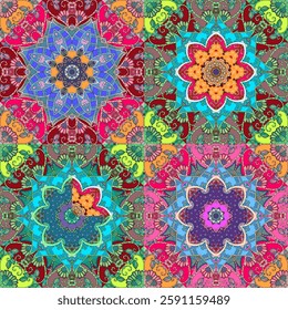 Bright multicolor seamless ethnic pattern with beautiful mandala flower in Indian style in vector.