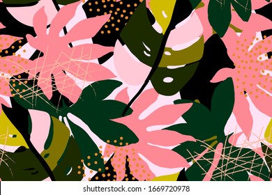 Bright, multi-color seamless pattern with elements of tropical leaves. Modern abstract collage.