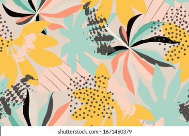 Bright, multi-color seamless pattern with elements of tropical leaves. Modern abstract collage.