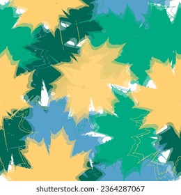 Bright, multi-color seamless pattern with elements of tropical leaves. Hand-drawn vector illustration