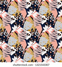 Bright, multi-color seamless patterns with elements of tropical leaves, animal elements. Figure skin leopard, tiger, zebra. Modern abstract collage