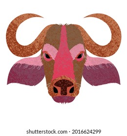 bright multi-color vector illustration with the image of a buffalo head. Art postcard, Print. Usage of Textures 