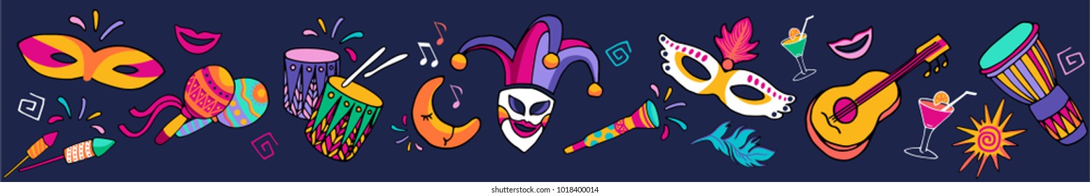 Bright multicolor vector illustration. Set icons for Carnival decorate. Carnival and celebratory subjects, masks, musical instruments, fireworks, drinks, confetti.  