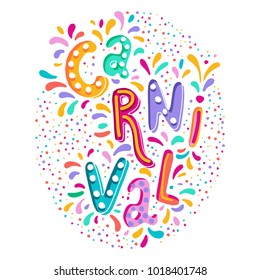 Ilustración vectorial multicolor brillante. Establecer iconos para decorar el Carnaval. Incluye texto escrito a mano. Carnaval y temas de celebración, fuegos artificiales, confetti.  