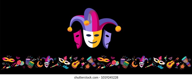 Bright multicolor vector illustration. Set icons for Carnival decorate. Includes handwritten text. Carnival and celebratory subjects, masks, musical instruments, fireworks, drinks, confetti.  