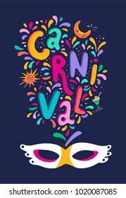 Bright multicolor vector illustration. Set icons for Carnival decorate. Includes handwritten text. Carnival and celebratory subjects, carnival masks, musical instruments, fireworks, confetti.  