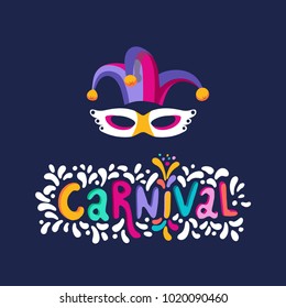 Bright multicolor vector illustration. Set icons for Carnival decorate. Includes handwritten text. Carnival and celebratory subjects, carnival masks, musical instruments, fireworks, confetti.  