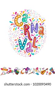  Bright multicolor vector illustration. Set icons for Carnival decorate. Includes handwritten text. Carnival and celebratory subjects, masks, musical instruments, fireworks, drinks, confetti. 