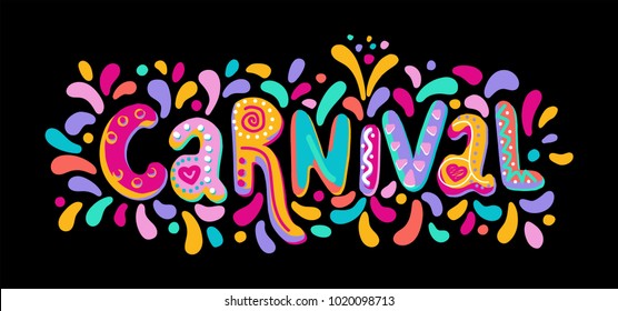 Bright multicolor vector illustration. Set icons for Carnival decorate. Includes handwritten text. Carnival and celebratory subjects, masks, musical instruments, fireworks, drinks, confetti.  