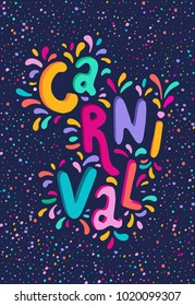 Bright multicolor vector illustration. Set icons for Carnival decorate. Includes handwritten text. Carnival and celebratory subjects, masks, musical instruments, fireworks, drinks, confetti.  