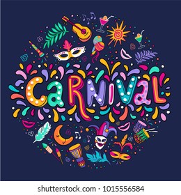 Bright multicolor vector illustration. Seth Carnival. Includes handwritten text. Carnival and celebratory subjects: masks, musical instruments, fireworks, drinks, confetti.  