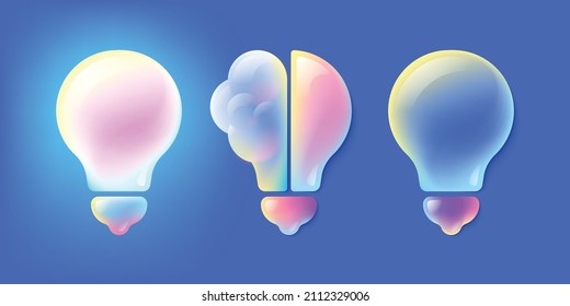 Bright multi  colored 3D light bulb half brain and highlights  Idea solution concept  Vector glowing volume lamp   off  Multicolored gradient blue background 