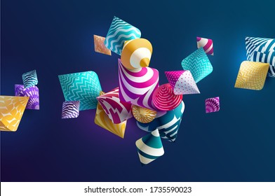 Bright multi-colored 3D rhombuses on dark background