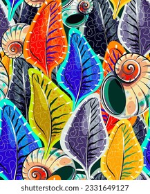 Bright multicolored abstract pattern. Vector. Lines, textures, scratches and scuffs. Blue, teracote, yellow, gray colors.