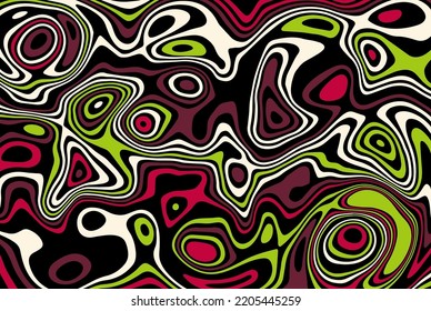 Bright multicolored abstract stain texture design. Modern art of optical illusions. Background with flowing striped spots for poster, flyer, fabric print and presentation.