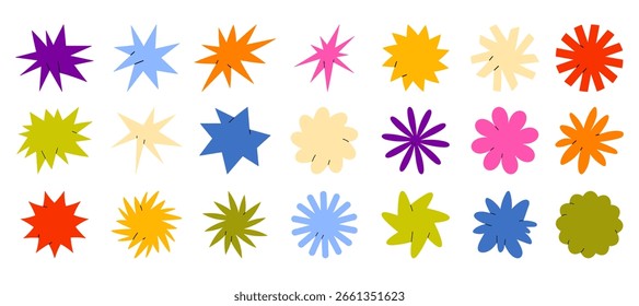 Bright multicolored abstract star and burst shapes perfect for design, decoration, backgrounds, crafts, and creative projects isolated on white background vector illustration